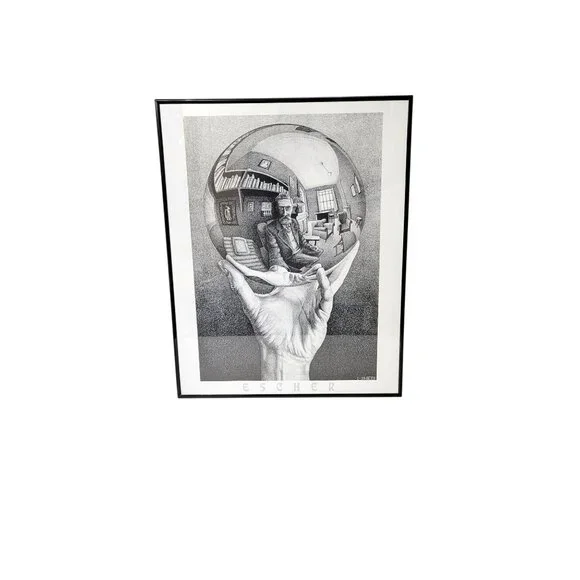 M.C. Escher Hand With Reflecting Sphere Framed Art Print 1-35 Black & White Fram - Picture 4 of 6